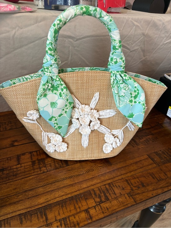 Lilly Pulitzer Handbags - Lilly Pulitzer Straw Tote with Floral Scarf Handles &White Embroidered Flowers
